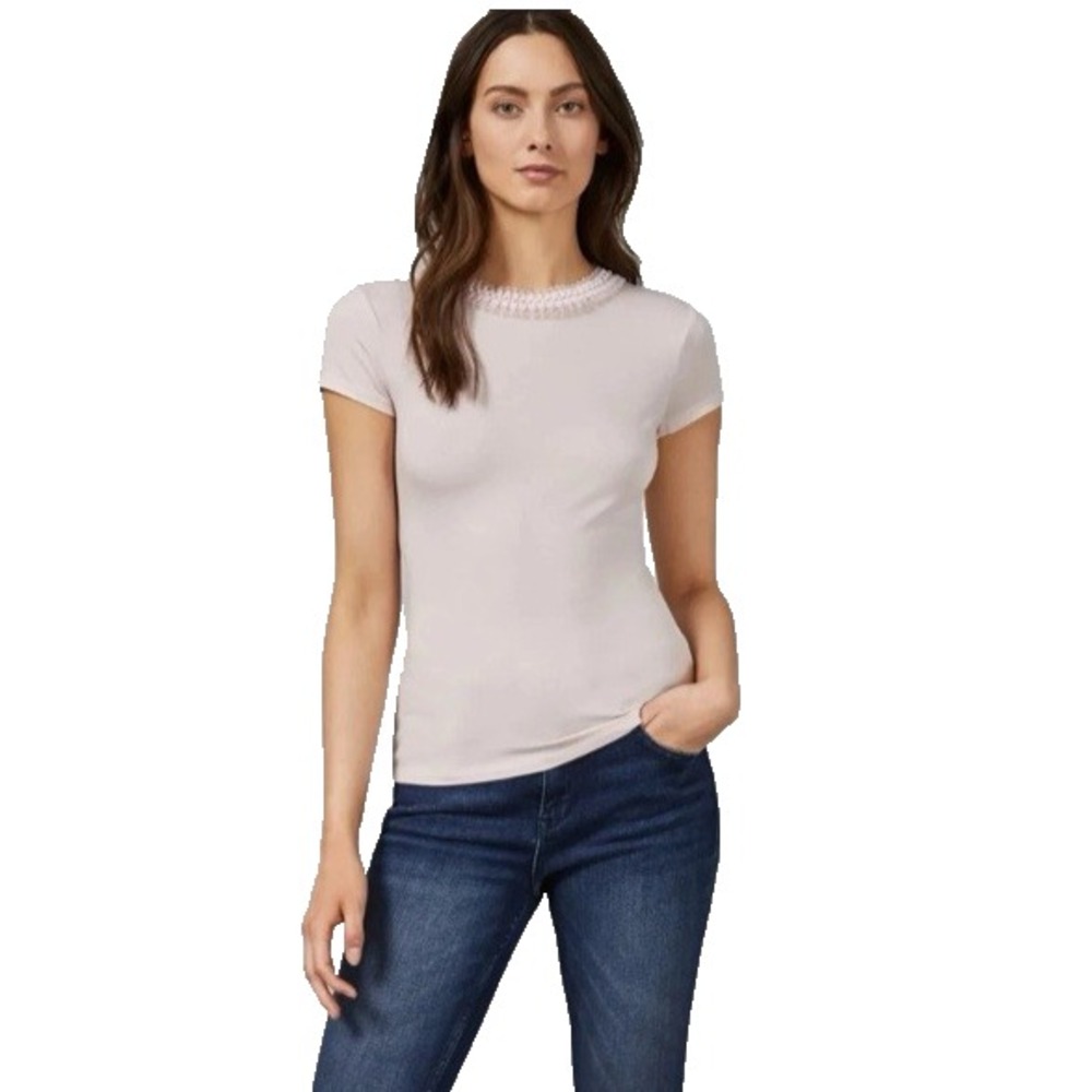 TED BAKER London Nude Pink Jacii Embellished Neck Knit Tee T-Shirt Size 1 Small
